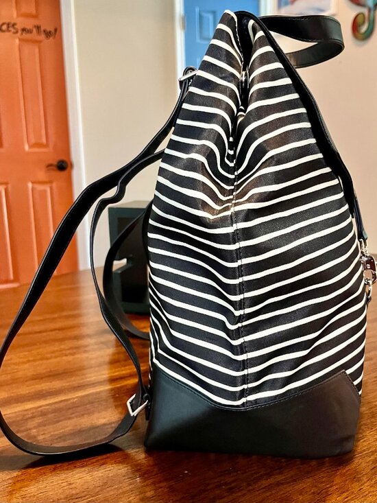 Stella & Dot Ava Black & Cream Striped Backpack With Distinctive Silver Clasp main image 5
